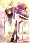  adjusting_clothes adjusting_legwear bag black_hair black_jacket black_legwear black_skirt blazer blurry blurry_background bookbag breasts brown_eyes brown_footwear bush day full_body highres jacket konekoneko_(indonesia) long_hair long_sleeves medium_breasts open_mouth outdoors school_uniform shoes sitting_on_railing skirt sunlight thighhighs thighs very_long_hair 