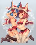  animal_ears armpits ass bandeau bangs belt black_footwear blue_hair boots breasts brown_hair bunny_ears bunny_hair_ornament calm_mashiro capelet cleavage covered_nipples eyebrows_visible_through_hair full_body fur_trim garter_straps gloves hair_ornament hands_on_another's_hips hat hood hooded_capelet hound_(sekaiju) hug jumping looking_at_viewer looking_back medium_breasts midriff miniskirt mistletoe multiple_girls navel open_mouth orange_eyes panties red_bikini_top red_capelet red_gloves red_hat santa_hat sekaiju_no_meikyuu sekaiju_no_meikyuu_5 short_hair short_shorts shorts side-tie_panties side_slit skirt smile snowflakes thighhighs underwear v white_legwear 
