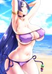  armlet armpits arms_behind_head bangs beach beads bikini blue_sky blush breasts choker closed_mouth cloud collarbone commentary_request covered_nipples cowboy_shot day ebido eyepatch_bikini fate/grand_order fate_(series) highres hips huge_breasts long_hair minamoto_no_raikou_(fate/grand_order) minamoto_no_raikou_(swimsuit_lancer)_(fate) navel ocean parted_bangs purple_bikini purple_eyes purple_hair sand shiny shiny_hair shore side-tie_bikini sidelocks sky smile standing stomach sunlight swimsuit thick_eyebrows thighs very_long_hair waves 