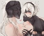  bare_shoulders black_blindfold black_dress black_hairband blindfold blush breast_grab breast_press breast_squeeze breasts cleavage_cutout covered_eyes dark_souls_iii dress grabbing hairband heart helmet juliet_sleeves large_breasts long_hair long_sleeves mask mole mole_under_mouth mr-poritan multiple_girls nier_(series) nier_automata nude parted_lips pink_lips ponytail puffy_sleeves short_hair sideboob silver_hair souls_(from_software) squeezing symmetrical_docking thighhighs white_hair yorha_no._2_type_b yuri yuria_of_londor 
