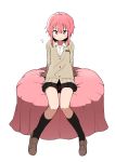  absurdres black_legwear blush bural_chingu full_body highres lee_ji-eun_(bural_chingu) looking_at_viewer luke_(dydansgur) pink_hair red_eyes school_uniform shirt short_hair sidelocks skirt smile socks solo sweatdrop 