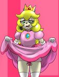  2018 anthro balls blonde_hair canine chastity chastity_cage clothed clothing cosplay crossdressing crown digital_drawing_(artwork) digital_media_(artwork) dog eyeshadow girly green_eyes hair legwear makeup male mammal mario_bros mascara nintendo open_mouth penis percey percey_(character) princess_peach simple_background smile solo standing stockings video_games 