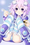  ass choker commentary_request d-pad d-pad_hair_ornament eating food hair_ornament hood hoodie iwasi-r looking_at_viewer neptune_(choujigen_game_neptune) neptune_(series) pudding purple_eyes purple_hair short_hair sitting smile solo thighhighs 