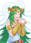  bare_shoulders breasts dress goddess green_eyes green_hair heart heart_hands jewelry kid_icarus kid_icarus_uprising long_hair looking_at_viewer necklace open_mouth palutena pockypalooza smile solo super_smash_bros. tiara very_long_hair 