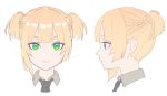  absurdres black_neckwear blue_eyes braid closed_mouth collared_shirt girls_frontline green_eyes grey_shirt highres looking_at_viewer multicolored multicolored_eyes nagisa_kurousagi necktie orange_hair portrait profile shirt simple_background solo twintails welrod_mk2_(girls_frontline) white_background wing_collar 