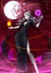  adsouto artist_name black_dress black_nails black_sclera breasts broken_moon cleavage cleavage_cutout dress highres long_hair looking_at_viewer medium_breasts moon nail_polish night parted_lips red_eyes rwby salem_(rwby) side_slit silver_hair solo standing white_skin 