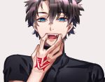  black_shirt blue_eyes brown_hair command_spell eyebrows_visible_through_hair fang fate/grand_order fate_(series) fujimaru_ritsuka_(male) grey_background hair_between_eyes hand_up looking_at_viewer male_focus shirt simple_background solo tenobe turtleneck 