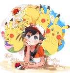  baseball_cap berry black_eyes black_hair gen_1_pokemon hat highres kakeru_(pokemon) male_focus oushimaru pikachu poke_ball poke_ball_(generic) pokemon pokemon_(creature) pokemon_(game) pokemon_lgpe sleeping smile solo sparkle table thinking 