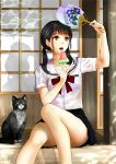  black_cat black_hair black_skirt bow cat fan food green_eyes hand_up highres konekoneko_(indonesia) looking_up medium_hair original outdoors paper_fan popsicle red_bow school_uniform serafuku shadow short_twintails sitting skirt thighs twintails veranda watermelon_bar 