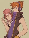  1girl blue_eyes commentary_request hat headphones jewelry maekakekamen medium_hair misaki_shiki necklace orange_hair red_hair sakuraba_neku smile subarashiki_kono_sekai 