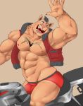  abs biceps bulge clothed clothing feline huge_muscles male mammal muscular muscular_male one_eye_closed open_mouth pecs quads sharp_teeth skimpy smile solo tattoo teeth thedragonred12 wink 