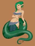  2017 5_fingers breasts brown_background brown_eyes clothed clothing eyebrows eyelashes female full-length_portrait green_eyebrows green_hair green_scales green_tail hair lamia long_tail looking_at_viewer navel nipple_bulge pale_skin pink_lips poethewondercat pointy_ears portrait reptile scales scalie simple_background skimpy slit_pupils small_breasts smile smirk snake solo thick_tail 