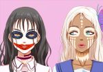  anbj asobi_asobase bangs black_hair blue_sailor_collar brown_eyes butterfly_hair_ornament closed_mouth collarbone collared_shirt green_eyes grin hair_between_eyes hair_down hair_ornament honda_hanako long_hair looking_at_another looking_at_viewer lord_of_pastimers makeup multiple_girls parted_lips pink_background sailor_collar school_uniform shirt sidelocks simple_background smile upper_body very_long_hair wavy_hair white_hair white_shirt 