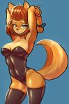  2018 absolute_territory bare_shoulders blue_background blue_eyes bracelet breasts canine claire_(spikedmauler) cleavage clothed clothing dog female fur hair hands_behind_head jewelry legwear leotard looking_at_viewer mammal orange_hair pose shiba_inu simple_background solo spikedmauler standing tan_fur tan_hair thigh_highs 