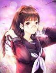  black_serafuku blurry blurry_background brown_eyes brown_hair glasses hands_up highres konekoneko_(indonesia) long_hair looking_at_viewer original outdoors purple_sky school_uniform serafuku solo upper_body wheat_field 