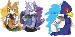 avian belt canine clothed clothing collar falco_lombardi fox fox_mccloud grin male mammal nintendo pants scanner smile star_fox teeth topless vest video_games wolf wolf_o&#039;donnell 
