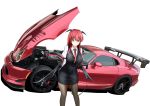  &gt;:) 3books absurdres armband arms_behind_back bat_wings black_legwear breasts car commentary_request cowboy_shot demon_tail dodge_viper dress_shirt eyebrows_visible_through_hair ground_vehicle hair_between_eyes head_wings highres juliet_sleeves koakuma large_breasts long_hair long_sleeves looking_at_viewer low_wings motor_vehicle open_hood pantyhose puffy_sleeves red_eyes red_hair red_neckwear shirt sidelocks simple_background skirt skirt_set solo tail touhou vest white_background white_shirt wings 