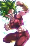  abs aqua_eyes arm_up armpits bracelet breasts clenched_hand clenched_teeth dragon_ball dragon_ball_super earrings eyelashes fighting_stance fingernails green_hair grin jewelry kefla_(dragon_ball) leg_up looking_away potara_earrings red_shirt shaded_face shirt short_hair simple_background sleeveless sleeveless_shirt smile solo spiked_hair st62svnexilf2p9 super_saiyan tank_top teeth upper_body white_background 