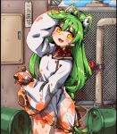  1girl akashi_(azur_lane) animal_ear_fluff animal_ears azur_lane bangs blush blush_stickers breasts cloud eyebrows_visible_through_hair fence green_hair hair_between_eyes hihachi long_hair long_sleeves looking_at_viewer open_mouth outdoors pipe sky solo translation_request yellow_eyes 
