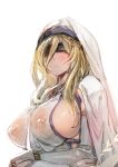  bangs blindfold blonde_hair blush bow_(bhp) breasts bridal_gauntlets cape closed_mouth covered_nipples crossed_arms detached_sleeves dress goblin_slayer! hair_between_eyes jewelry large_breasts long_hair necklace see-through sideboob simple_background solo sword_maiden upper_body very_long_hair white_background white_dress 