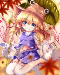  autumn_leaves bangle blonde_hair blue_eyes blue_skirt blue_vest blurry blush bracelet breasts commentary_request curled_fingers depth_of_field eyebrows_visible_through_hair folded_leg grin hair_between_eyes hair_ribbon hat head_tilt holding jewelry jumping leaf leaf_umbrella long_sleeves maple_leaf medium_hair midriff moriya_suwako navel no_shoes orange_sky outdoors over-kneehighs ribbon ribbon-trimmed_legwear ribbon_trim shirt sidelocks skirt sky small_breasts smile solo teeth thighhighs touhou twilight unory vest white_legwear white_shirt wide_sleeves 