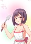  apron blush breasts brown_eyes brown_hair cleavage dated highres kemo_(pokka) naked_apron original short_hair simple_background small_breasts smile spatula standing upper_body 