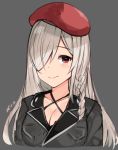  beret black_bra bra braid breasts cleavage eyebrows_visible_through_hair g36c_(girls_frontline) girls_frontline grey_background grey_jacket hair_over_one_eye halterneck hat jacket kuavera large_breasts long_hair looking_at_viewer one_eye_covered pink_eyes signature simple_background smile solo underwear upper_body 