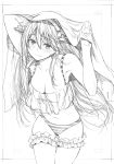  absurdres armpits arms_up bangs bare_arms bare_shoulders blush breasts cleavage closed_mouth collarbone cowboy_shot eyebrows_visible_through_hair frills greyscale hair_between_eyes haruna_(kantai_collection) headgear highres kantai_collection kojima_takeshi leaning_forward long_hair looking_at_viewer monochrome panties solo striped striped_panties underwear 