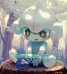  berry blush commentary_request drooling forest gen_3_pokemon highres manino_(mofuritaionaka) meditite nature no_humans oran_berry outdoors pokemon pokemon_(creature) signature sitting solo tree tree_stump 