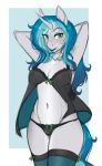  anthro askbubblelee blue_hair blush breasts bubble_lee_(character) catnamedfish cleavage clothed clothing cutie_mark equine fan_character female first_person_view freckles hair hi_res holding_object holding_phone horn legwear looking_at_mirror mammal my_little_pony nude phone pose selfie solo unicorn 