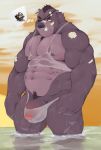  2018 abdominal_bulge band-aid bandage bear blush clothed clothing ear_piercing male mammal muscular overweight piercing skimpy solo stubble thedragonred12 tusks water wet 
