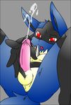  balls black_fur blue_fur cum fur lucario lying male masturbation nintendo penis pok&#233;mon pokemon red_eyes solo unknown_artist video_games 