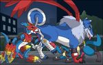  crossover digimon flamedramon gaogamon irene lucario pokemon 