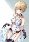  1girl ahoge artoria_pendragon_(all) artoria_pendragon_(lancer_alter) artoria_pendragon_(lancer_alter)_(cosplay) babydoll babydoll_lift bangs bare_shoulders black_gloves black_panties blonde_hair blush breasts choker cleavage cosplay craft_essence fate/grand_order fate/stay_night fate_(series) garter_belt garter_straps gloves green_eyes groin harimoji jewelry large_breasts lifted_by_self lingerie long_hair looking_at_viewer navel necklace panties revealing_clothes royal_icing saber see-through smile solo thighhighs underwear 