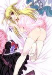  ass bad_id bad_pixiv_id bed blonde_hair cross crossdressing feet garter_straps long_hair male_focus maria_holic mole mole_under_eye otoko_no_ko panties panty_pull red_eyes saikawa_yusa shidou_mariya solo thighhighs two_side_up underwear white_legwear 