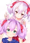  alternate_hairstyle ame. animal_ears azur_lane bangs blush bow bunny_ears closed_mouth collarbone dutch_angle eyebrows_visible_through_hair green_eyes hair_between_eyes hair_bow hairband hands_up highres jacket javelin_(azur_lane) laffey_(azur_lane) matching_hairstyle multiple_girls off_shoulder parted_lips pink_jacket purple_eyes red_bow red_eyes red_hairband short_hair short_twintails silver_hair smile twintails white_background 