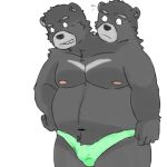  3_heads bear black_fur clothing conjoined fur mammal multi_head multifur neonigma3 slightly_chubby sweat swimsuit thong underwear worried 