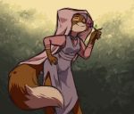  2018 anthro canine clothed clothing dipstick_tail disney eyes_closed female flower fox hand_on_hip headdress holding_object maid_marian mammal multicolored_tail plagueofgripes plant robin_hood_(disney) smile sniffing solo standing 