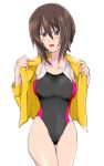  bangs black_swimsuit breasts brown_eyes brown_hair competition_swimsuit cowboy_shot eyebrows_visible_through_hair frown girls_und_panzer highleg highleg_swimsuit jacket large_breasts light_blush long_sleeves looking_at_viewer moekichi nishizumi_maho no_pants one-piece_swimsuit open_clothes open_jacket open_mouth opened_by_self short_hair simple_background solo standing swimsuit thigh_gap thighs wet wet_clothes white_background yellow_jacket 