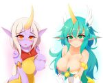  alternate_hair_color animal_ears ayatori_(aytr) bangs bare_shoulders blonde_hair blush breasts cleavage closed_mouth collarbone elbow_gloves eyebrows_visible_through_hair frown gloves green_eyes green_hair hair_between_eyes hair_ornament highres horn large_breasts league_of_legends long_hair looking_at_viewer nipples off_shoulder one_breast_out open_mouth oppai_challenge orange_eyes pointy_ears purple_skin simple_background soraka star_guardian_soraka very_long_hair wings 