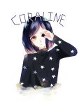  1girl blue_hair brown_eyes buttons character_name child coraline coraline_jones female simple_background single_button solo star white_background 