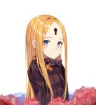  abigail_williams_(fate/grand_order) bad_id bad_pixiv_id bangs black_bow black_dress blonde_hair blue_eyes blush bow closed_mouth dress fang fang_out fate/grand_order fate_(series) flower keyhole long_hair no_hat no_headwear orange_bow parted_bangs polka_dot polka_dot_bow red_flower smile solo sugar_(dndi888) upper_body very_long_hair white_background 