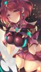  bangs blush breasts covered_navel earrings fingerless_gloves gloves headpiece hinot homura_(xenoblade_2) jewelry large_breasts looking_at_viewer red_eyes red_hair red_shorts short_hair shorts shoulder_armor solo swept_bangs tiara xenoblade_(series) xenoblade_2 