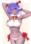  arms_behind_head bell bell_collar blush bow breasts collar commentary_request cowboy_shot dark_skin fate/grand_order fate/prototype fate/prototype:_fragments_of_blue_and_silver fate_(series) fur fur_bikini hassan_of_serenity_(fate) highres horns large_breasts looking_at_viewer merry_sheep navel purple_eyes purple_hair sankakusui sheep_horns solo thighhighs two-tone_background underboob white_background white_legwear 