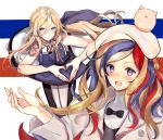  apron bare_shoulders beret black_bow blonde_hair blue_apron blue_eyes blue_hair bow coat commandant_teste_(kantai_collection) dress eriyama_(user_csua4255) hair_between_eyes hat heart heart_hands kantai_collection long_hair looking_at_viewer mole mole_under_eye mole_under_mouth multicolored multicolored_clothes multicolored_hair multicolored_legwear multiple_girls open_mouth pom_pom_(clothes) red_hair richelieu_(kantai_collection) streaked_hair wavy_hair white_dress white_hair 