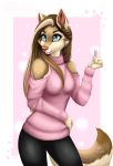  anthro blue_eyes breasts brown_fur brown_hair canine clothing female fur hair holding_object lipstick makeup mammal pants solapi_(artist) solo sweater wolf yellow_sclera 