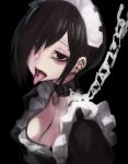  absurdres black_background black_choker black_dress black_hair breasts chain choker doku-chan_(dokkudokudoku) dress ear_piercing empty_eyes hair_over_one_eye highres looking_at_viewer maid_headdress medium_breasts open_mouth original piercing short_hair simple_background solo tongue tongue_out upper_body 