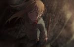  blood bloody_clothes braid brown_eyes closed_mouth dress e7_(runaway162) foreshortening from_above full_body grey_dress hair_ribbon light_brown_hair long_hair long_sleeves looking_at_viewer looking_up original red_ribbon ribbon solo standing 