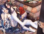  2girls alcohol all_fours bangs bare_shoulders black_hair blue_eyes blue_panties blush bottle commentary_request detached_sleeves drunk embarrassed fate/grand_order fate_(series) food frilled_sleeves frills fruit hair_ornament haneru horns indoors japanese_clothes kimono kotatsu long_hair looking_at_viewer looking_back lying mandarin_orange multiple_girls no_shoes on_back oni_horns open_mouth opening_door panties panties_under_pantyhose pantyhose pantyhose_pull parted_bangs petals plate pov pov_hands red_eyes sake sake_bottle side_ponytail striped striped_panties table tomoe_gozen_(fate/grand_order) underwear undressing ushiwakamaru_(fate/grand_order) very_long_hair white_hair white_legwear yuri 