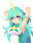  alternate_costume alternate_hair_color animal_ears armpits ayatori_(aytr) bangs bare_shoulders blush breasts closed_mouth elbow_gloves eyebrows_visible_through_hair frown gloves green_eyes green_hair hair_between_eyes hair_ornament highres horn large_breasts league_of_legends long_hair magical_girl pointy_ears solo soraka star_guardian_soraka very_long_hair white_gloves wings 